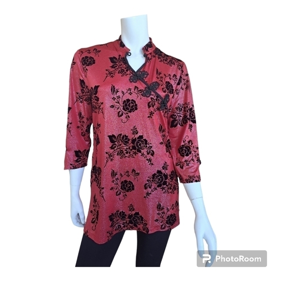 Champagne ! pink blouse with velvet black flowers embroidery details style asian - Picture 2 of 11